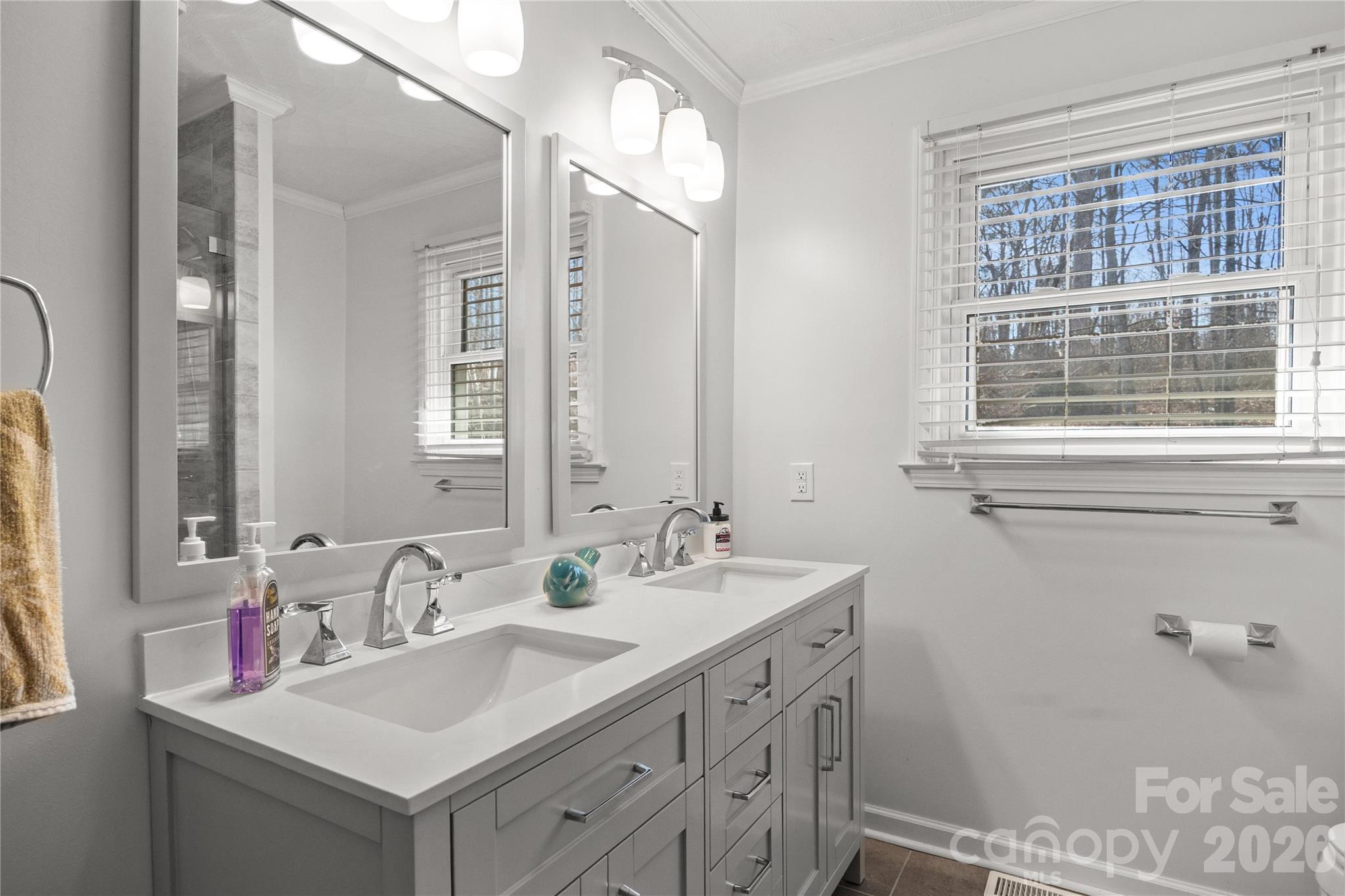 7137 Reeps Grove Church Road Vale, NC 28168 - Photo 20 of 33 a bathroom with double vanity sink a mirror and a shower