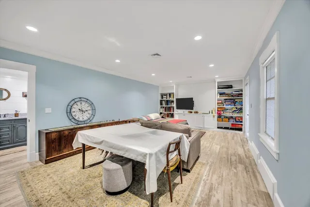 a view of a dining hall with furniture
