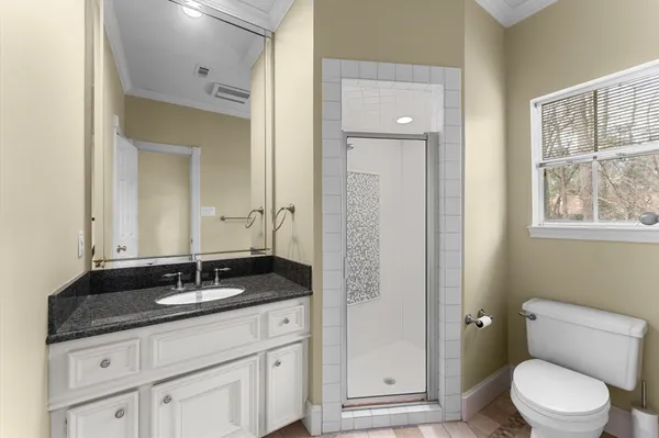 a bathroom with a granite countertop sink a toilet and a mirror