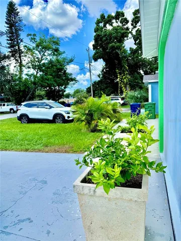 a view of a garden with lawn chairs