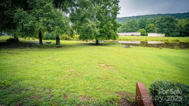 a view of a swimming pool with a yard and trees