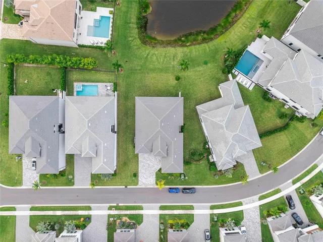 an aerial view of residential houses with outdoor space and street view