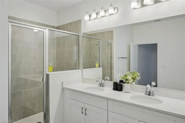 a bathroom with a shower a sink and a mirror