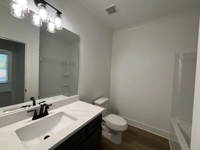 a bathroom with a sink vanity and a toilet