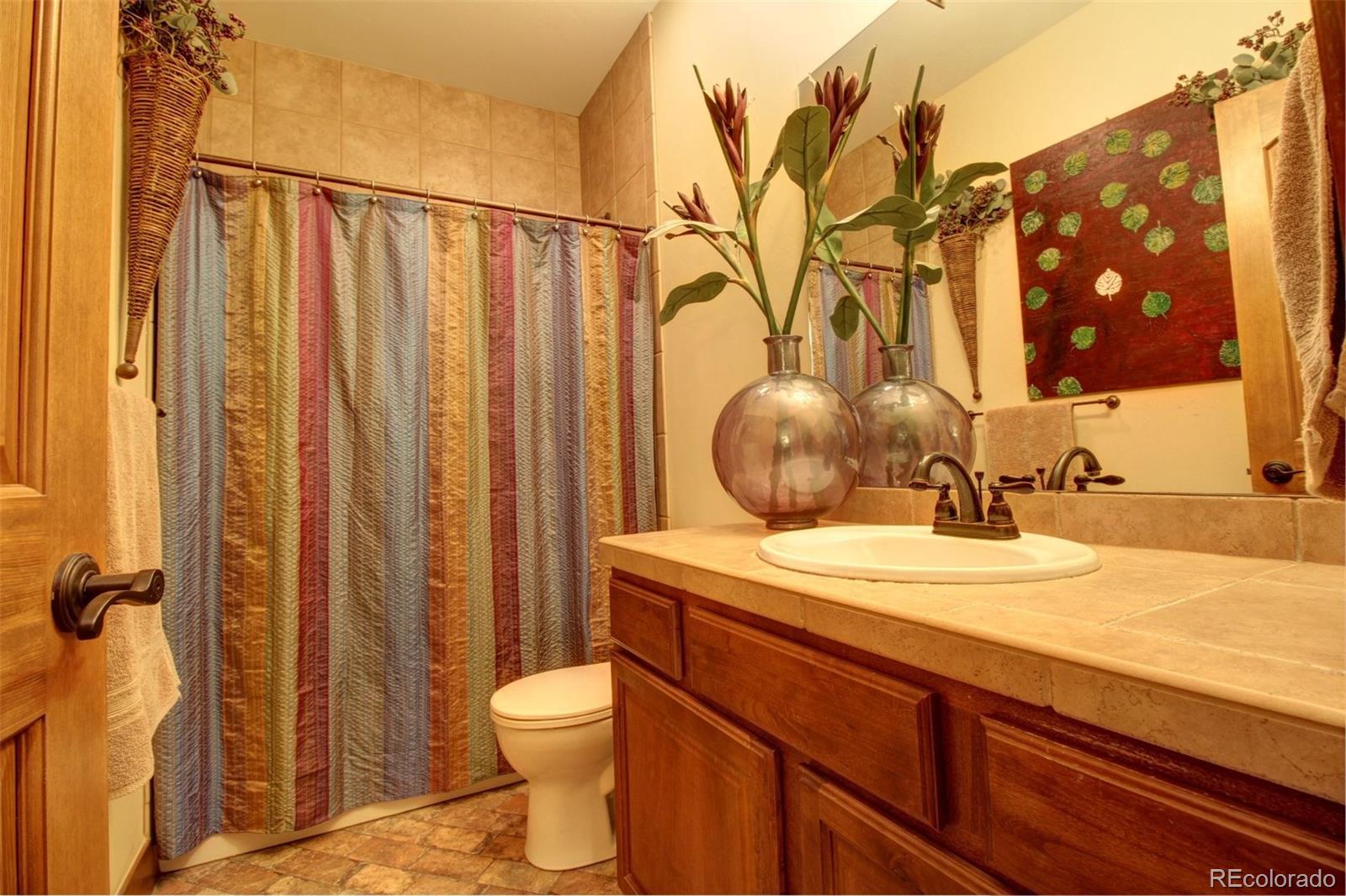 3095 South Piney Ridge Road Evergreen, CO 80439 - Photo 15 of 30 a bathroom with a granite countertop sink toilet and shower