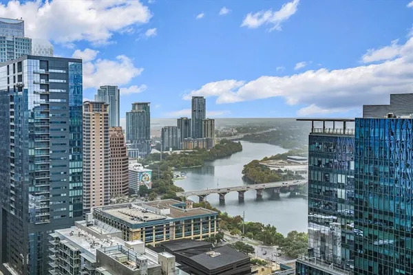 a city view with tall buildings