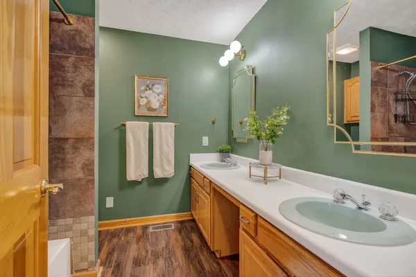 a bathroom with a double vanity sink mirror and shower