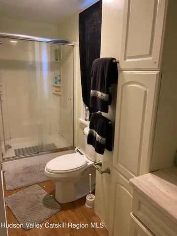 a bathroom with a toilet and a shower