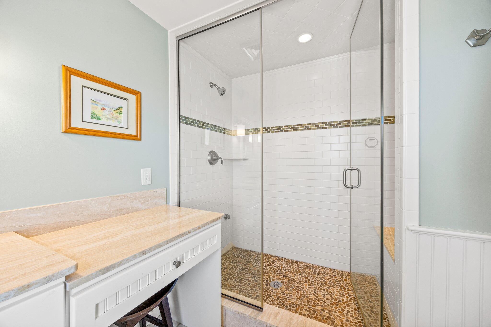 80 Hiram Pond Road Dennis, MA 02638 - Photo 32 of 82 a bathroom with a granite countertop sink a shower and a mirror