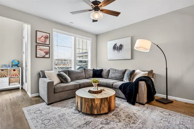 a living room with furniture a rug and a window