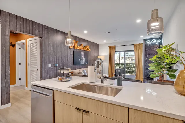 a kitchen with stainless steel appliances a sink a potted plant and windows