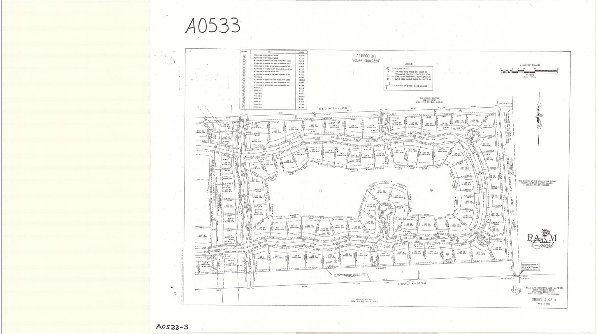 3711 Palm Crest Drive Rosharon, TX 77583 - Photo 4 of 9 This image shows a detailed plat map of a residential development, featuring plotted lots, streets, and a central open area. The layout includes curved roads and designated lot numbers, providing a clear overview of the neighborhood's design.