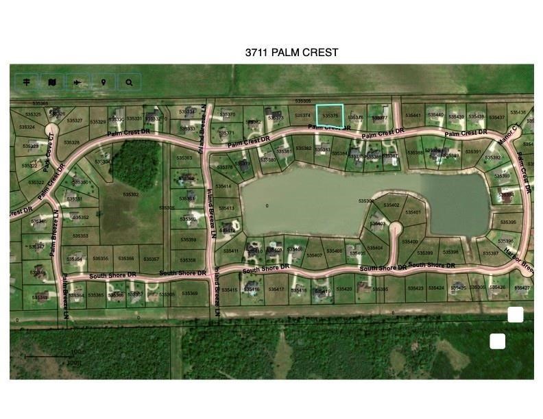 3711 Palm Crest Drive Rosharon, TX 77583 - Photo 5 of 9 This image shows a detailed map of a residential area at 3711 Palm Crest, featuring plotted lots, homes, and a central water feature. Streets are labeled, including Palm Crest Dr and South Shore Dr, with green spaces and a clear layout of the neighborhood.