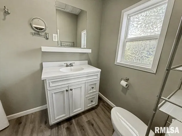 a bathroom with a sink a toilet and vanity