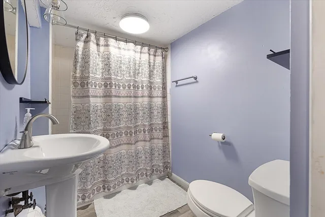 a bathroom with a sink a toilet and shower