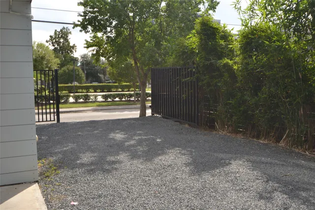 a view of a yard with large trees