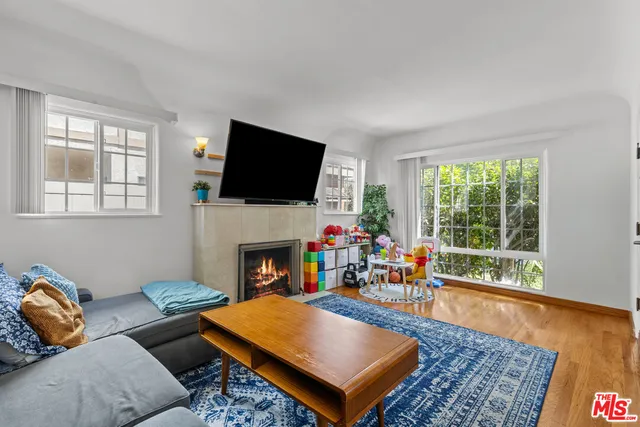 a living room with furniture a flat screen tv and a fireplace