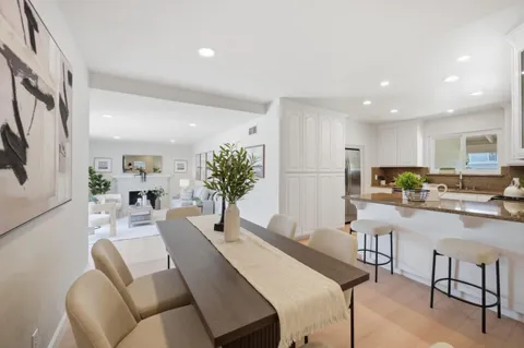 a view of a dining room with furniture