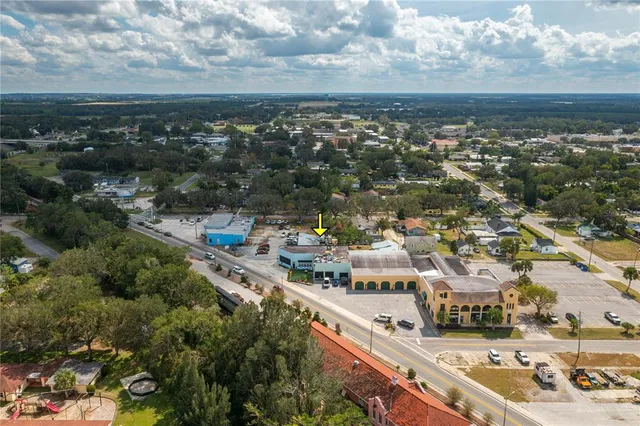 an aerial view of residential houses with outdoor space and trees