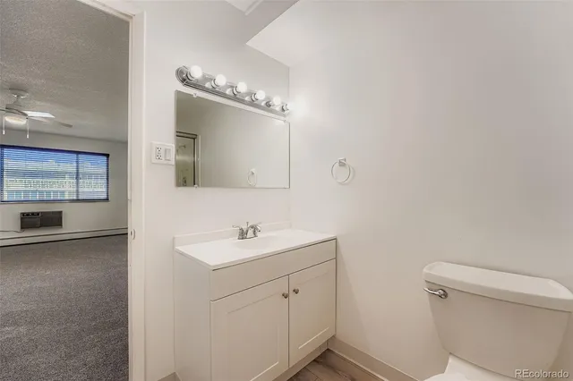 a bathroom with a sink a toilet and mirror