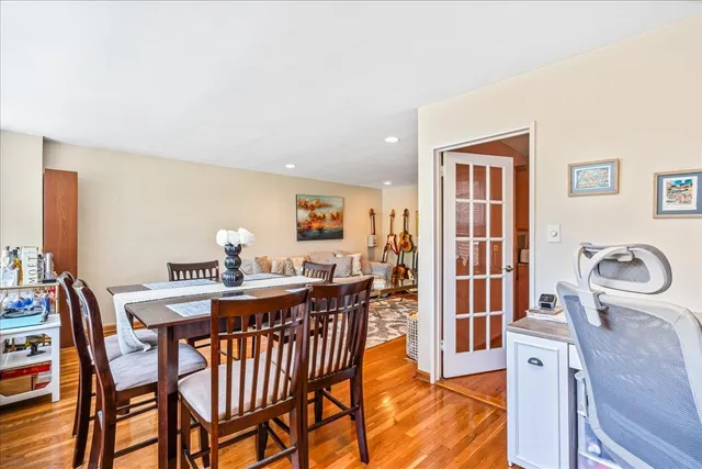 a view of a dining room with furniture