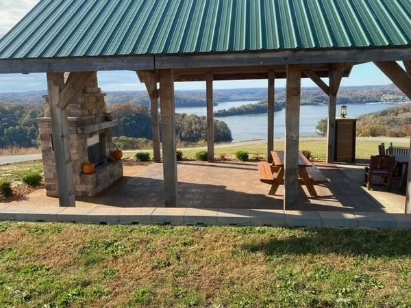 a view of a lake with a terrace