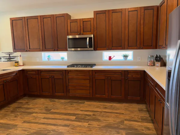 a view of a lake with a terrace