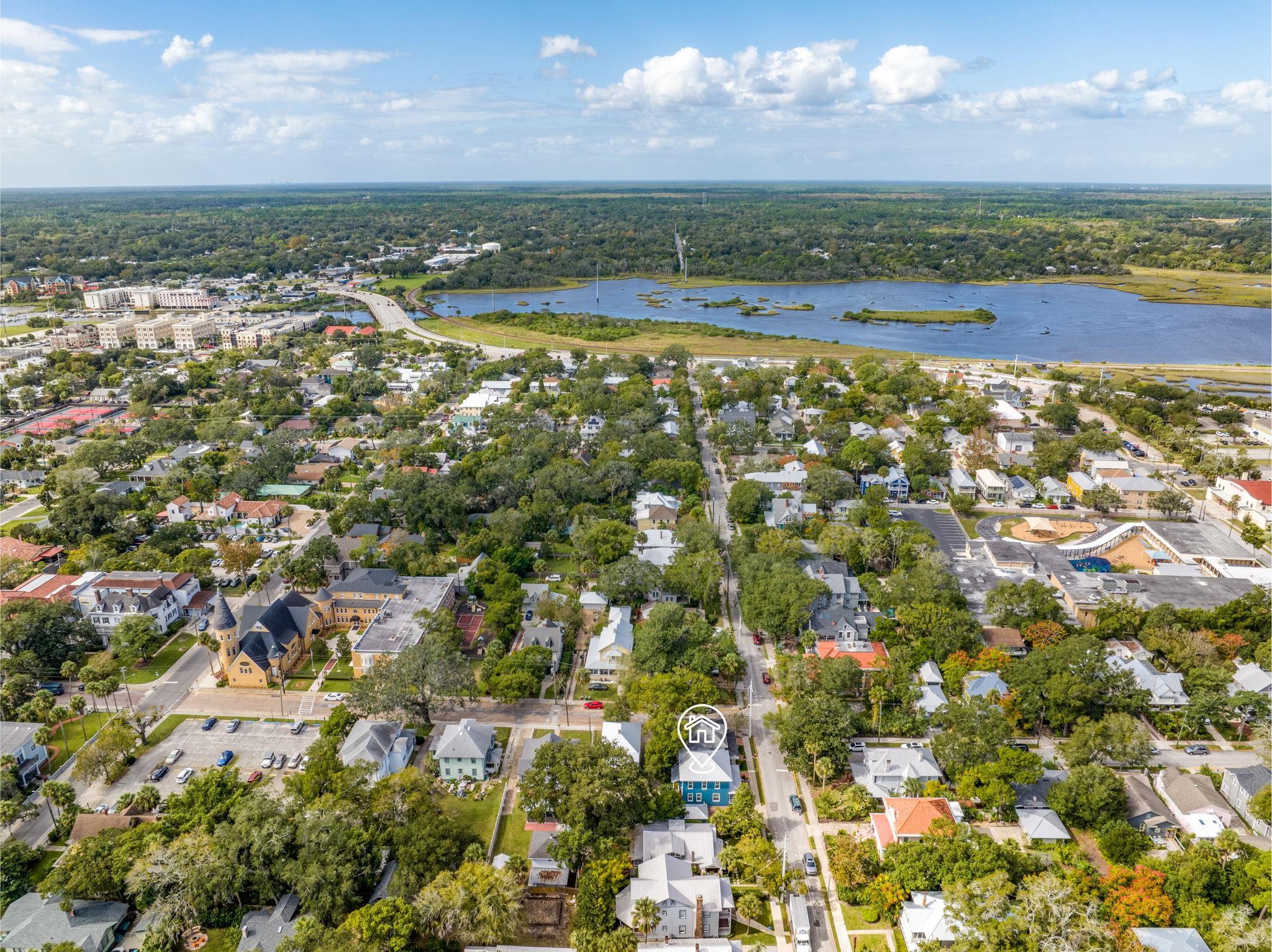 21 Saragossa Street St. Augustine, FL 32084 - Photo 64 of 66 Aerial perspective of suburban area featuring a nearby body of water