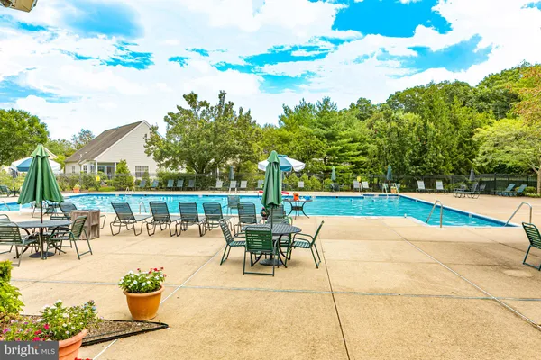 a view of a swimming pool with a patio and a garden