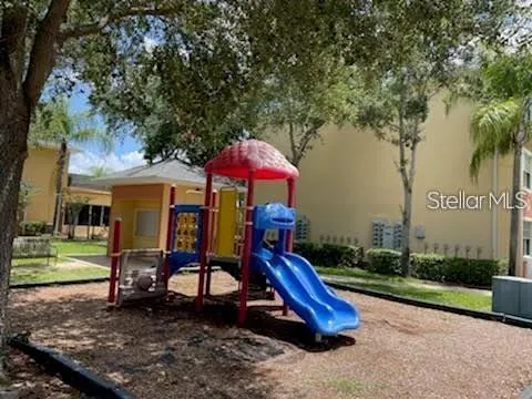 a view of a park with slide