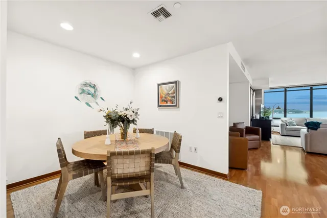 a view of a dining room with furniture