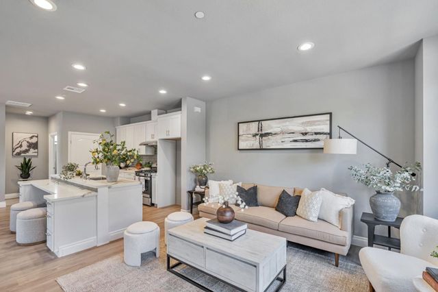 a living room with furniture and a potted plant