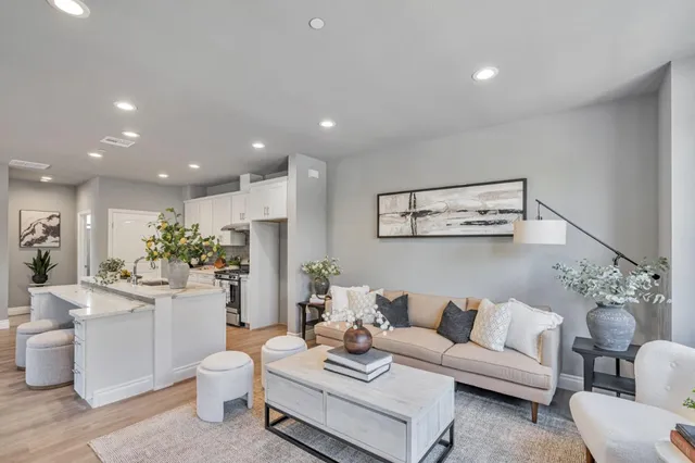 a living room with furniture and a potted plant