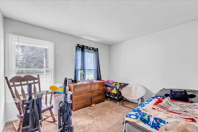 a bathroom with a shower curtain and a toilet