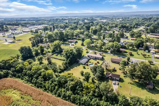 an aerial view of residential houses with outdoor space and trees
