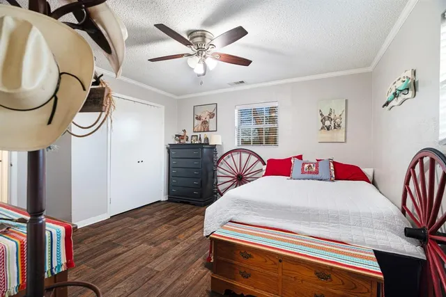 a spacious bedroom with a bed and dresser