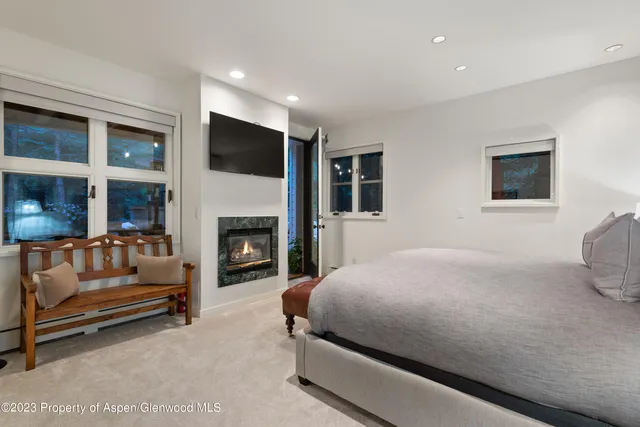 a bed room with a bed and a television