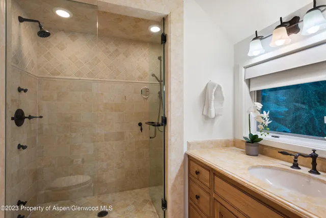 a bathroom with a granite countertop sink a mirror and shower
