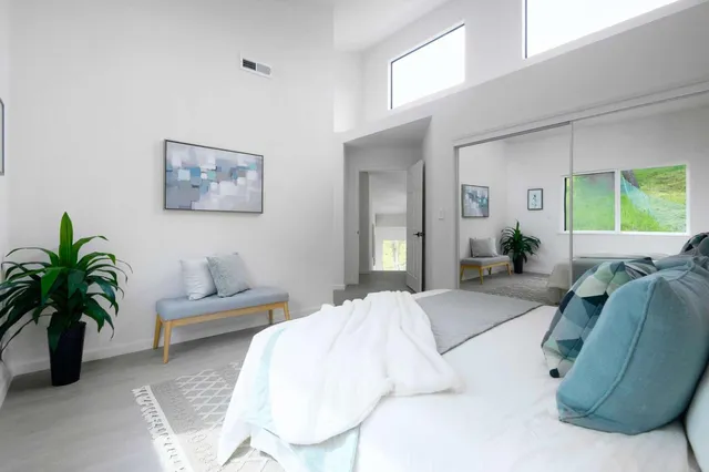 a living room with furniture and a potted plant