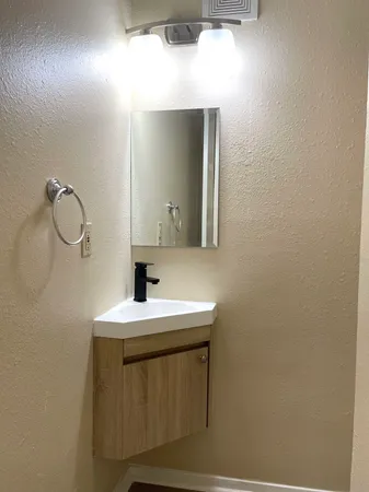 a bathroom with a sink and a mirror