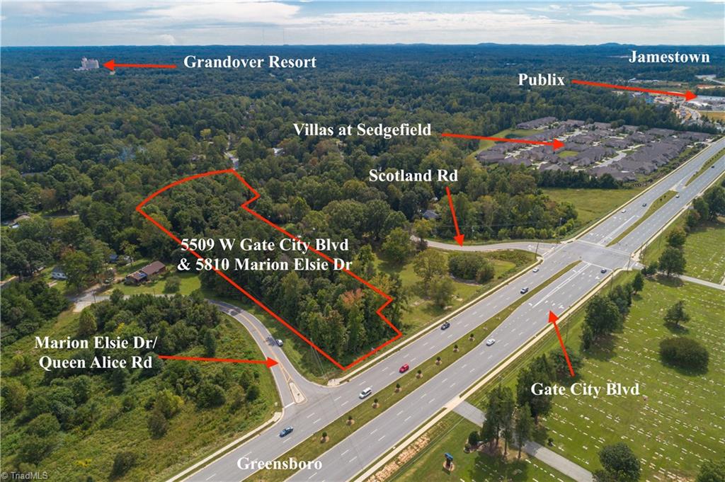 5909 Gate City Blvd and 5810 Marion Elsie Dr from Gate City Blvd viewpoint. Close proximity to Grandover Resort, Sedgefield CC, Town of Jamestown, medical facilities, shopping & more. Outline of property approximate. Buyer to verify all property lines. 