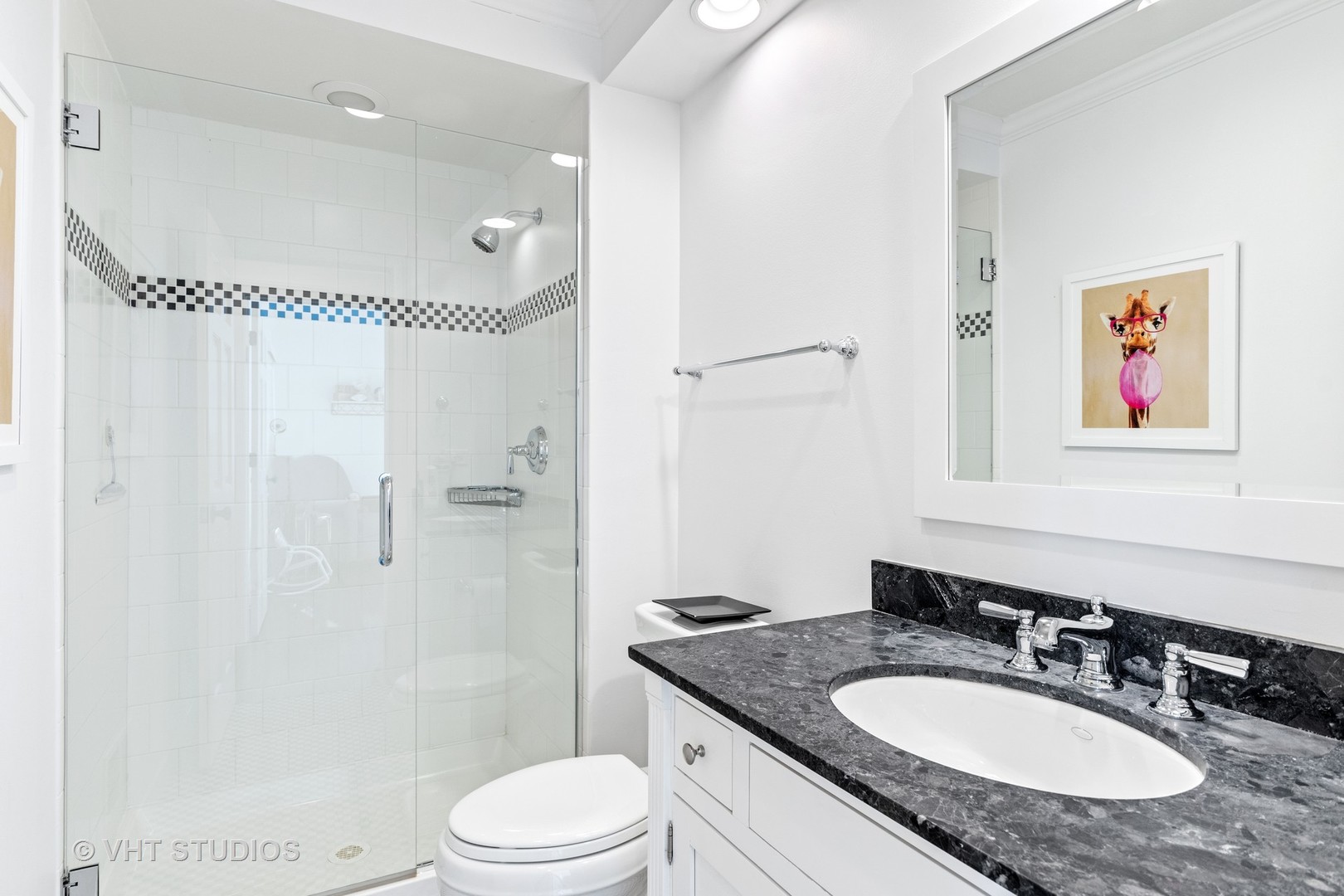 1850 South Ridge Road Lake Forest, IL 60045 - Photo 23 of 34 a bathroom with a granite countertop sink mirror toilet and shower