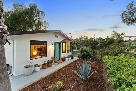 a view of a backyard with couches and potted plants