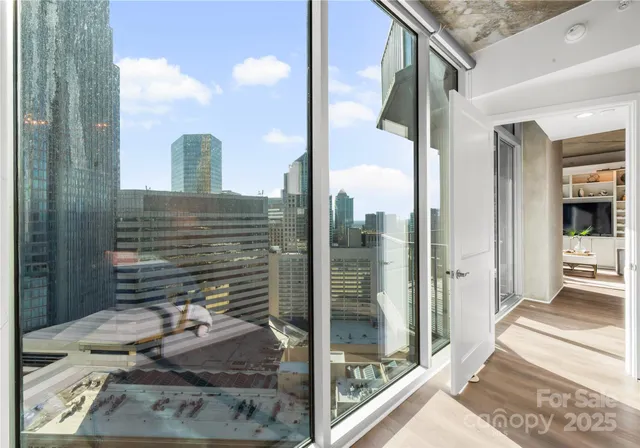 a view of a balcony a door