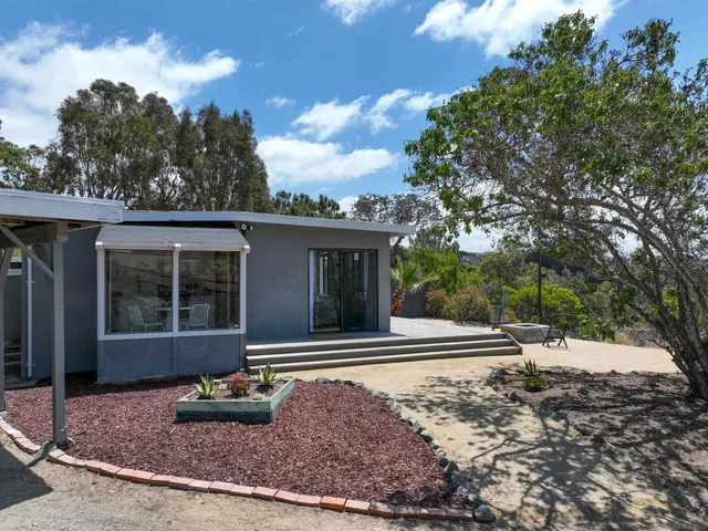 a view of a patio with couches and a potted plant