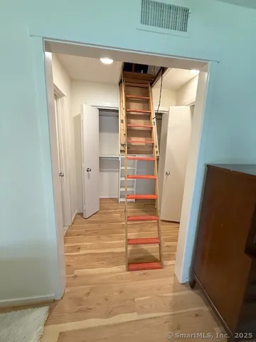 a view of walk in closet with empty racks