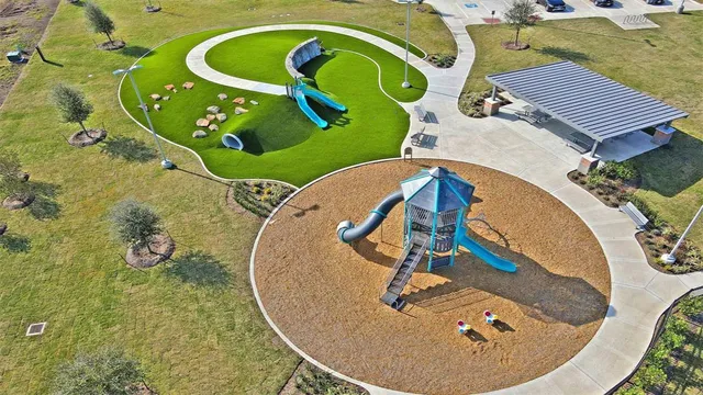 an aerial view of a swimming pool