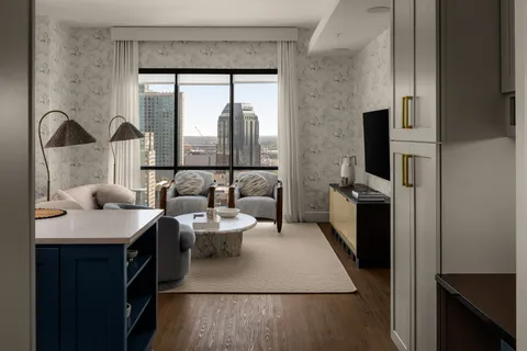 a open kitchen with a large window