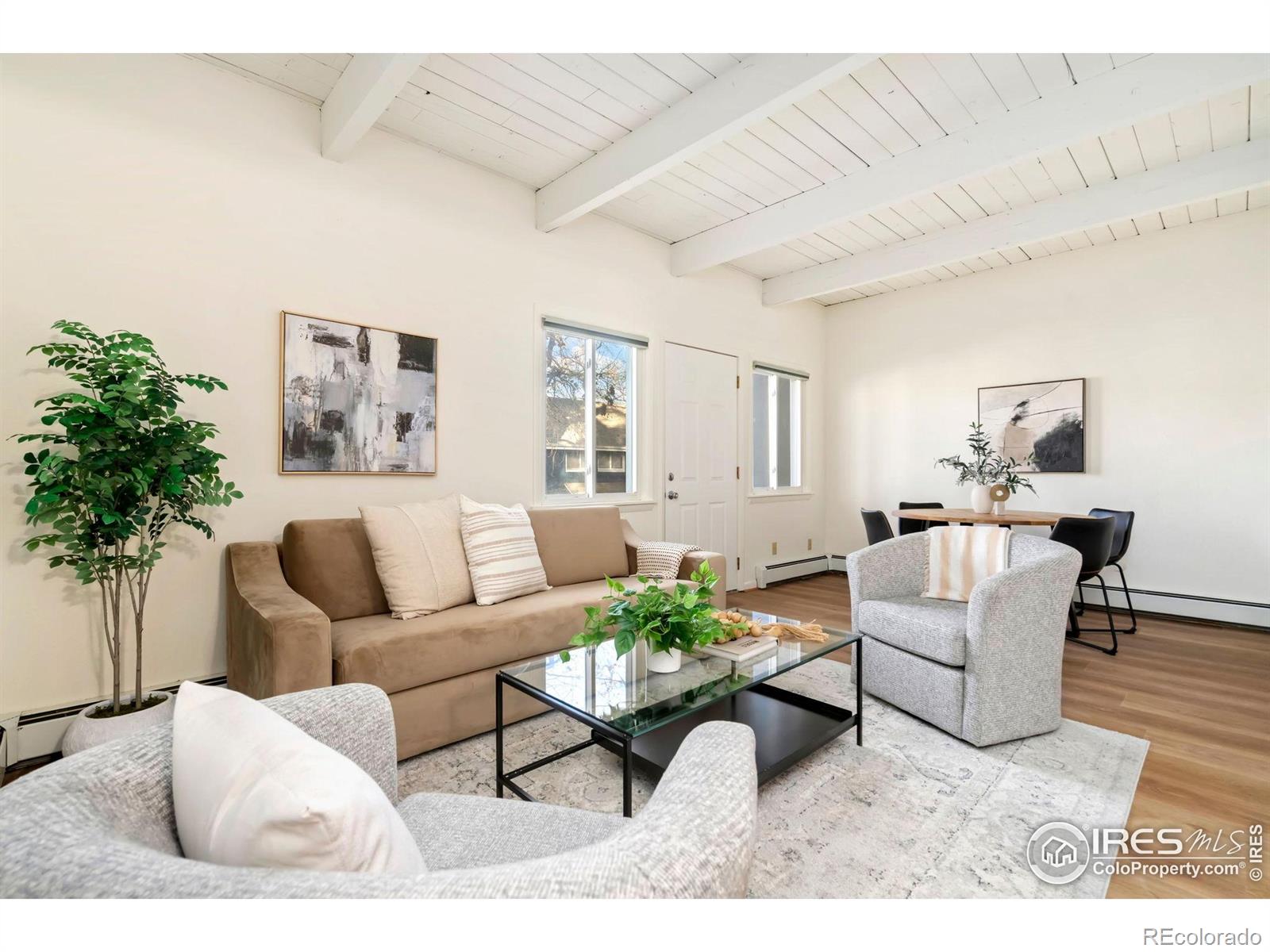 a living room with furniture and a potted plant
