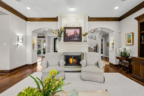 a living room with furniture fireplace and potted plant